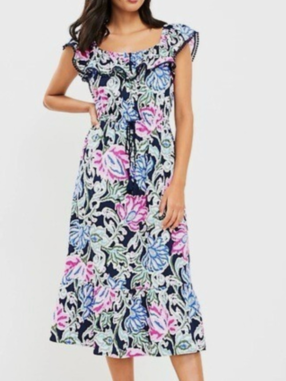 Loft-Floral Ruffle-Trim Midi Dress in Navy and Pink